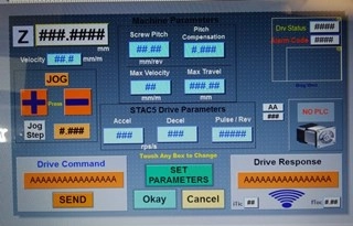 Screen example:  HMI screen used for debugging the communications and command processing between the HMI and the Stack Stepper Drive.
