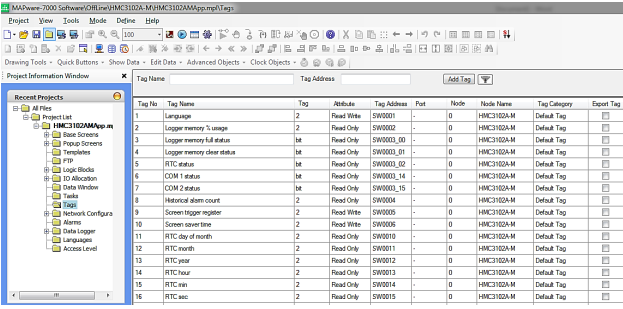 Screenshot of tags used in data tables