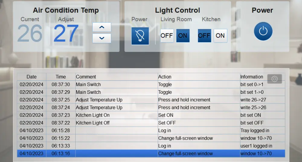 Image of controls and an operation log for an HMI screen.