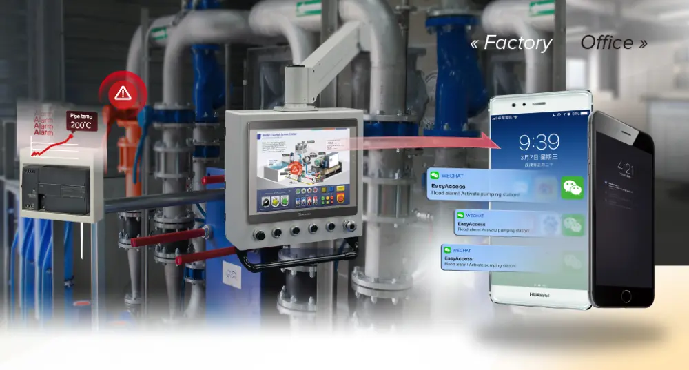 Image depicting remote communication between factory machines and a mobile device.