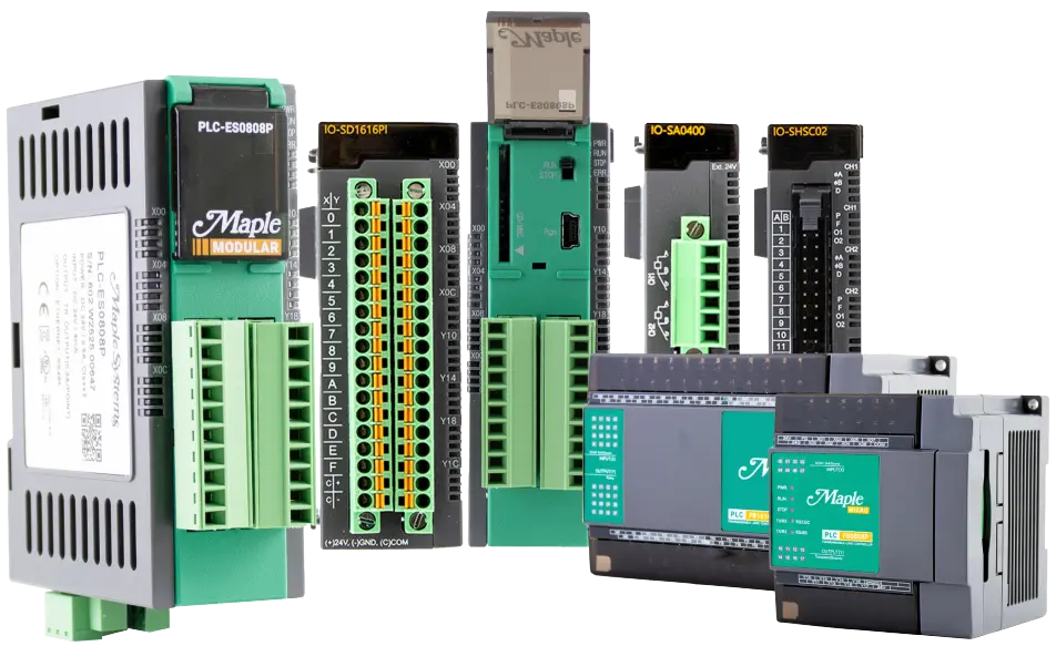 Image of various Maple Systems PLCs. Hero image for everything you need to know about plcs.