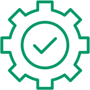 Icon featuring an easy-to-use interface symbolized by a simple gear and check-mark, pointing out the user-friendly design of Maple Systems PLC's products.